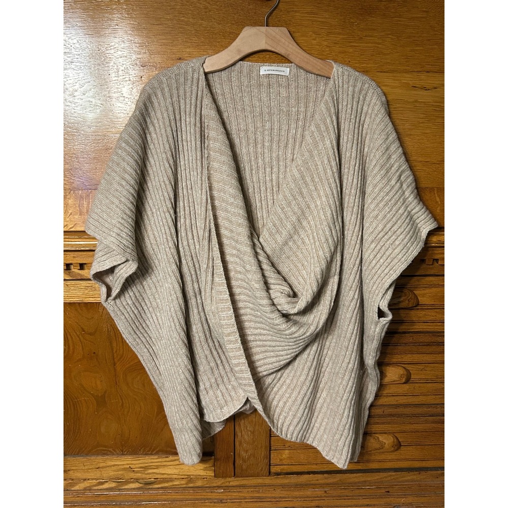 Anthropologie Boho Granola Wool Blend Ribbed Knit Crossover Poncho Sweater Beige